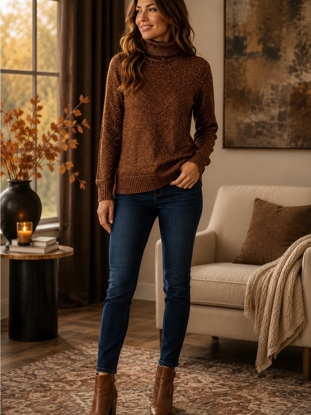 Joseph A. Metallic Gold Brown Knit Turtleneck Autumn Sweater Size Large